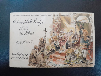 Carte postala scena St. Astrix Apporte a St.Etienne la Coronne Royale, 1889 foto