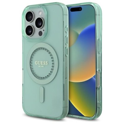 Husa MagSafe pentru Apple iPhone 16 Pro, Guess, IML Rhinestone, Verde foto