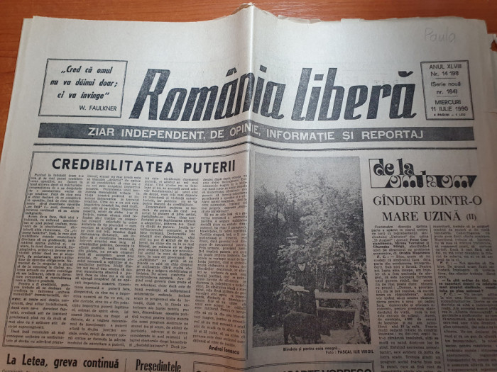 ziarul romania libera 11 iulie 1990-greva de la conbinatul de hartie letea bacau