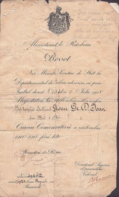 PM443N Brevet pentru medalia Crucea comemorativă a războiului 1916-1918 foto
