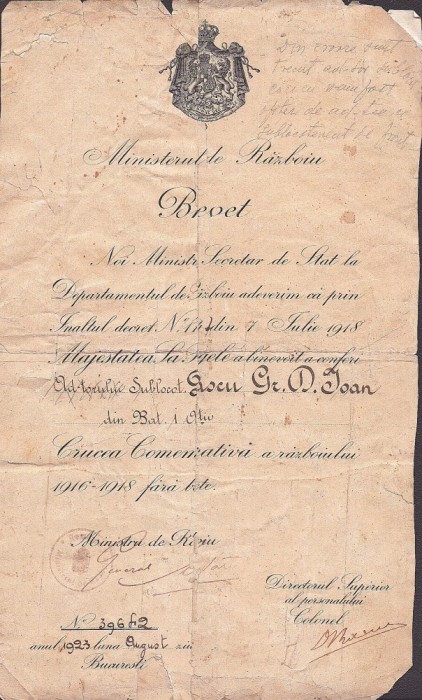 PM443N Brevet pentru medalia Crucea comemorativă a războiului 1916-1918