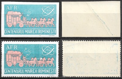 ROM&amp;Acirc;NIA 1958 - CENTENARUL MĂRCII ROM&amp;Acirc;NEȘTI - AFR - VIGNETĂ DANTELATĂ ȘI NEDANTELATĂ - ALBASTRU ȘI ROZ - MNH (R93) foto