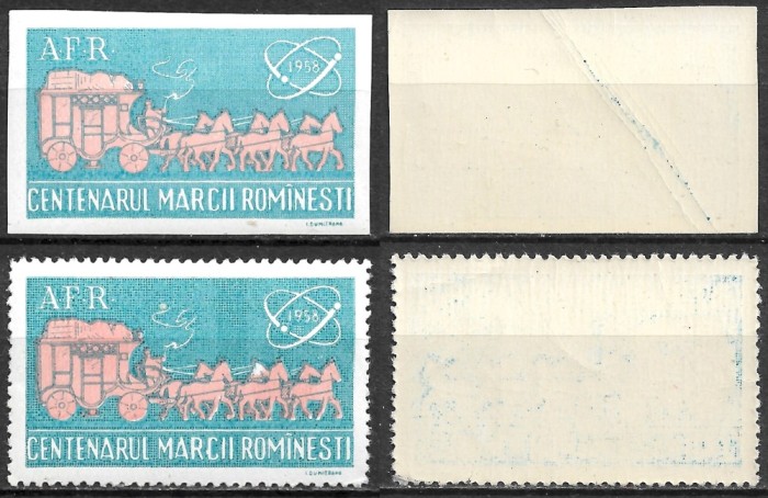 ROM&Acirc;NIA 1958 - CENTENARUL MĂRCII ROM&Acirc;NEȘTI - AFR - VIGNETĂ DANTELATĂ ȘI NEDANTELATĂ - ALBASTRU ȘI ROZ - MNH (R93)