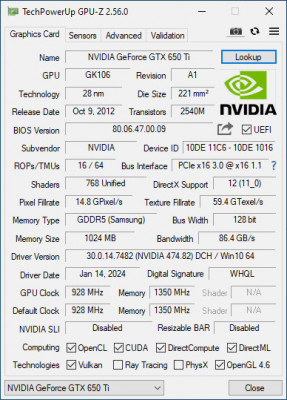 Placa video Nvidia GeForce GTX 650 Ti OC 1GB GDDR5 128-bit foto