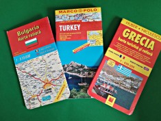 Set trei harti concediu : Harta pliabila turistica rutiera Grecia 1:650.000 Niculescu Turcia 1:800.000 Marco Polo Bulgaria 1:570.000 Acompress VH