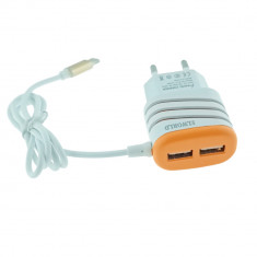 Set incarcator retea, 3.1A, 2 X USB, Elworld JXL-222, cu cablu USB Tip C tata, alb cu portocaliu