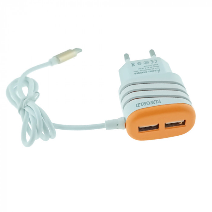Set incarcator retea, 3.1A, 2 X USB, Elworld JXL-222, cu cablu USB Tip C tata, alb cu portocaliu
