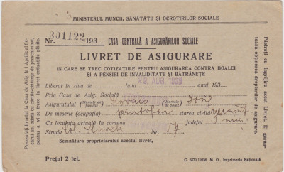 Livret DE ASIGURARE Sociala Timisoara 1933, Ministerul muncii sanatatii foto