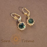 Cercei placati cu aur 18K, cristale zirconia verde marin+albe in forma de crizantema