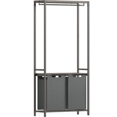 VASAGLE Cos de rufe, 2 compartimente, saci de rufe detasabili, 2 rafturi, tija umerase, 2x46L, 73x33x177cm, gri foto