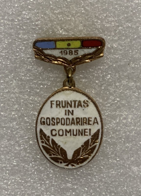 Insigna fruntaș &amp;icirc;n gospodărirea comunei 1985 foto