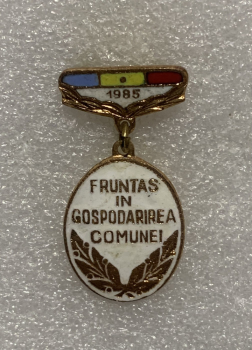 Insigna fruntaș &icirc;n gospodărirea comunei 1985