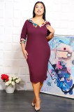 Rochie Office cu Guler Imprimat Bordo - 56Marimea