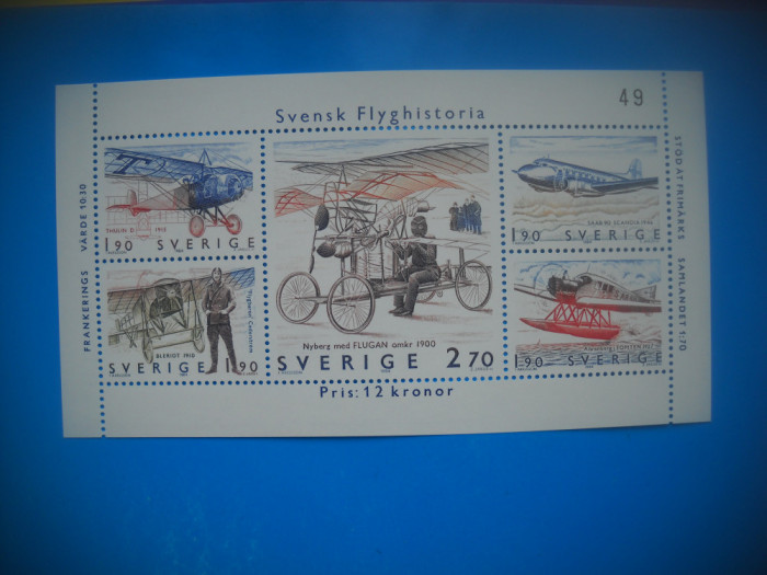 HOPCT TIMBRE SUEDIA MNH 937 AVIATIE SUEDEZA BLOC 1984-5 VALORI-NESTAMPILAT