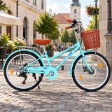 Cumpara ieftin Bicicleta dama, 24 inch, 6 viteze, cos detasabil, portbagaj, frane pe disc, sonerie, turcoaz, ProCart