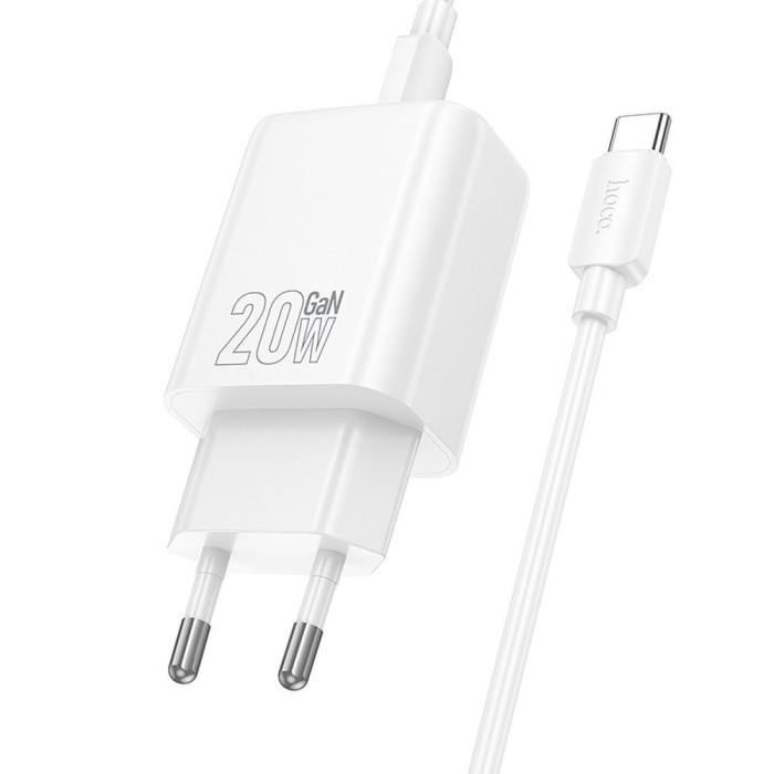 Incarcator Hoco N61 20W, USB-A + USB-C + Cablu Type-C la Type-C, Alb , Rapid, Modern, Complet
