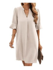 Rochie midi pentru femei Famulily, decolteu in V, eleganta, bej, XL - OUTLET