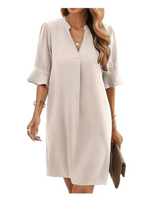 Rochie midi pentru femei Famulily, decolteu in V, eleganta, bej, XL - OUTLET foto