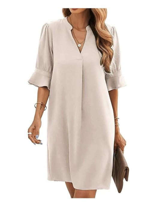 Rochie midi pentru femei Famulily, decolteu in V, eleganta, bej, XL - OUTLET