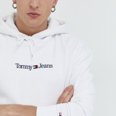 Tommy Jeans bluza barbati, culoarea alb, cu glugă, cu imprimeu