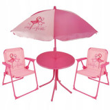 Set mobilier gradina/terasa pentru copii, pliabil, roz, model flamingo, 1 masa cu umbrela, 2 scaune, Ergos GartenVIP DiyLine, Jumi