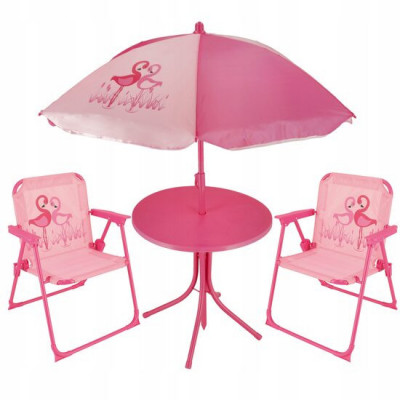 Set mobilier gradina/terasa pentru copii, pliabil, roz, model flamingo, 1 masa cu umbrela, 2 scaune, Ergos GartenVIP DiyLine foto