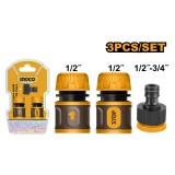 Conectori furtun 1/2 set 3 bucati, pentru sisteme de udare si irigatii - Ingco HHCS03122