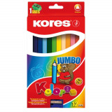 Cumpara ieftin Set 12 Creioane Colorate Jumbo Kores, Forma Triunghiulara, Ascutitoare, Set Creioane de Colorat, Set Culori, Creioane Colorate pentru Scoala, Set Culo