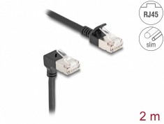 Cablu de retea RJ45 Cat.6A S/FTP Slim unghi 90 grade jos/drept 2m Negru, Delock 80306