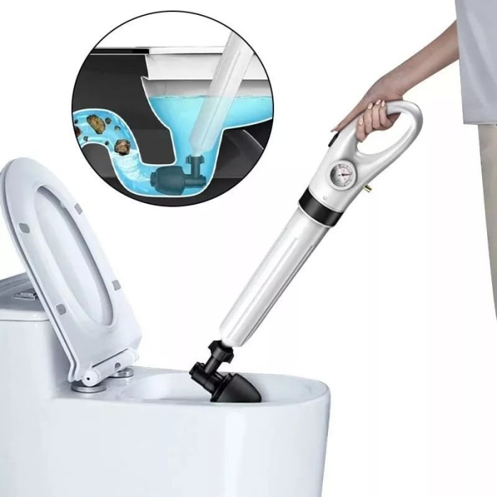 Pompa cu aer comprimat pentru desfundat toaleta si tevile de la dus si cada, cu 4 accesorii, din ABS, alb