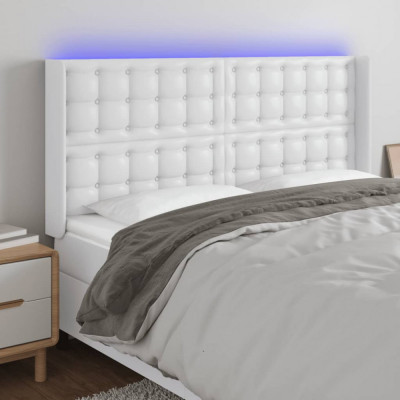 vidaXL Tăblie de pat cu LED, alb, 147x16x118/128 cm, piele ecologică foto