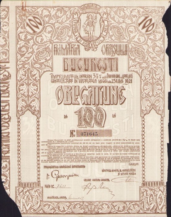 A539 Obligațiune de 100 lei Primăria orașului București, interbelică