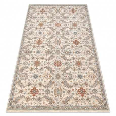 Covor de lana SOHO 477.07.LA100 OSTA - Flori, cadru, natural bej / albastru, 80x160 cm