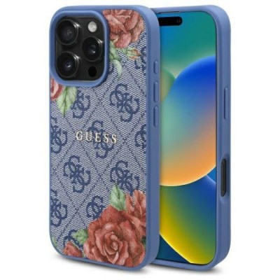 Husa pentru iPhone 16 - Guess Hardcase 4G Flower Print MagSafe (GUHMP16SP4ROPEMCB) - Blue foto