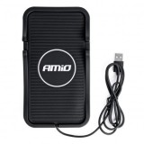 Incarcator Wireless Telefon 15W AMiO 3A QC, Incarcare Rapida, USB-A, Cablu 1m, Negru, Suport Silicon, Compatibil Qi