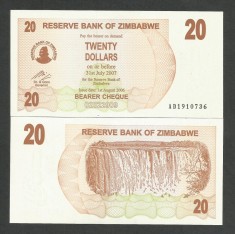 ZIMBABWE 20 DOLARI DOLLARS 2006 2007 UNC [1] P- 40 , necirculata