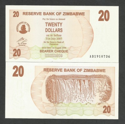 ZIMBABWE 20 DOLARI DOLLARS 2006 2007 UNC [1] P- 40 , necirculata foto