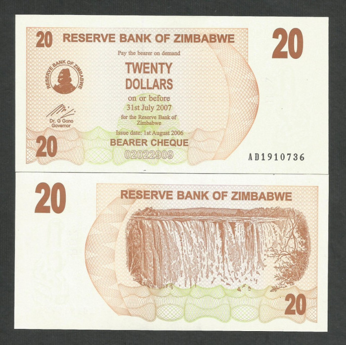 ZIMBABWE 20 DOLARI DOLLARS 2006 2007 UNC [1] P- 40 , necirculata