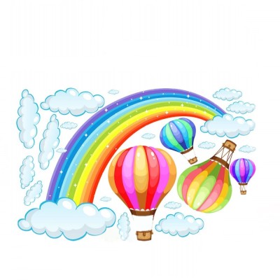 Sticker Decorativ, Curcubeu cu Nori si Baloane cu Aer Cald, Premium, CBD CORAL BEST DEALS Multicolor 30 cm 45 cm 30 cm Multicolor 1 Set Sticker foto
