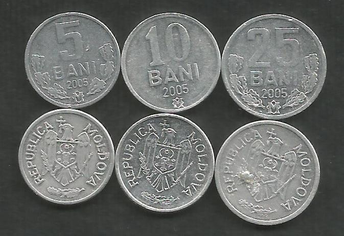 MOLDOVA SET / LOT ( 3 buc ) 5 BANI + 10 BANI + 25 BANI 2005 , VF