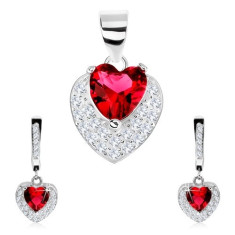 Set realizat din argint 925, cercei, pandantiv, inimă din zirconiu roșu, zirconii transparente