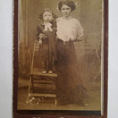 Foto carton CDV veche, Visite Portret, Banat, mamă cu copil