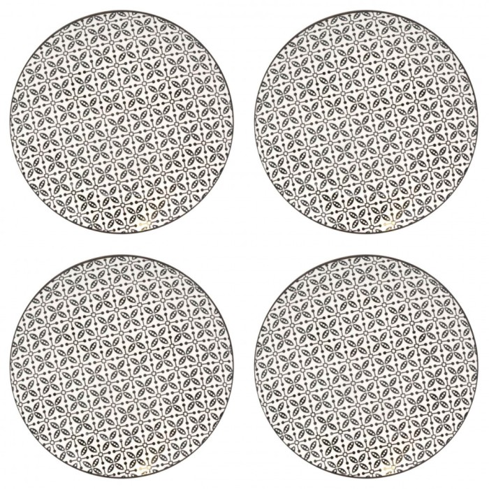 Set farfurii 4 piese din portelan pentru fructe, bej cu model negru, diametru 19.6 cm