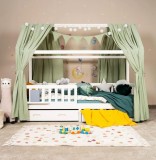 Set decorativ baldachin pentru pat copii, 100% bumbac muselin organic, 125x350 cm, Khaki