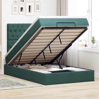 vidaXL Cadru de pat otoman cu saltele, catifea verde &amp;icirc;nchis 120x190cm 3313532 foto