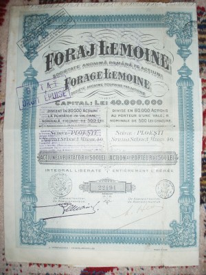 ROMANIA - ACTIUNE LA PURTATOR DE 500 LEI FORAJ LEMOINE - 1923 foto