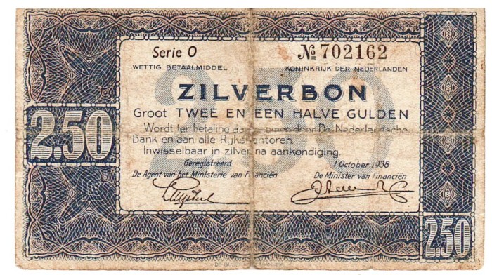Olanda 2.50 Gulden 1938 Zilberbon P-62 Seria 702162