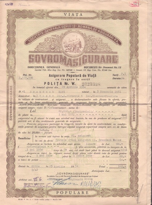 A3659N Poliță de asigurare Sovromasigurare, Asigurare Populară de Viață cu tragere la sorți, 1950