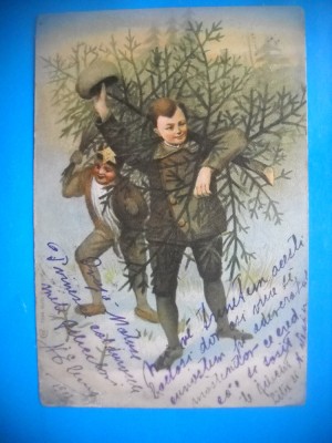 HOPCT 431 G CROMO LITHO-FELICITARE CRACIUN 1904 COLINDATORI CU BRADUL -CIRCULATA foto