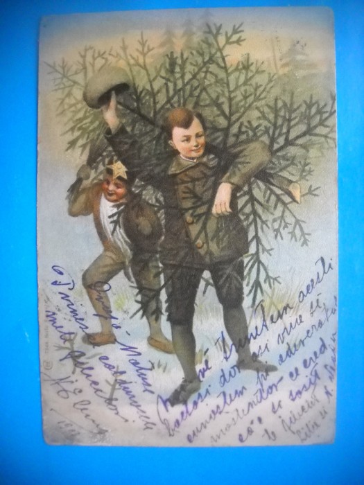 HOPCT 431 G CROMO LITHO-FELICITARE CRACIUN 1904 COLINDATORI CU BRADUL -CIRCULATA